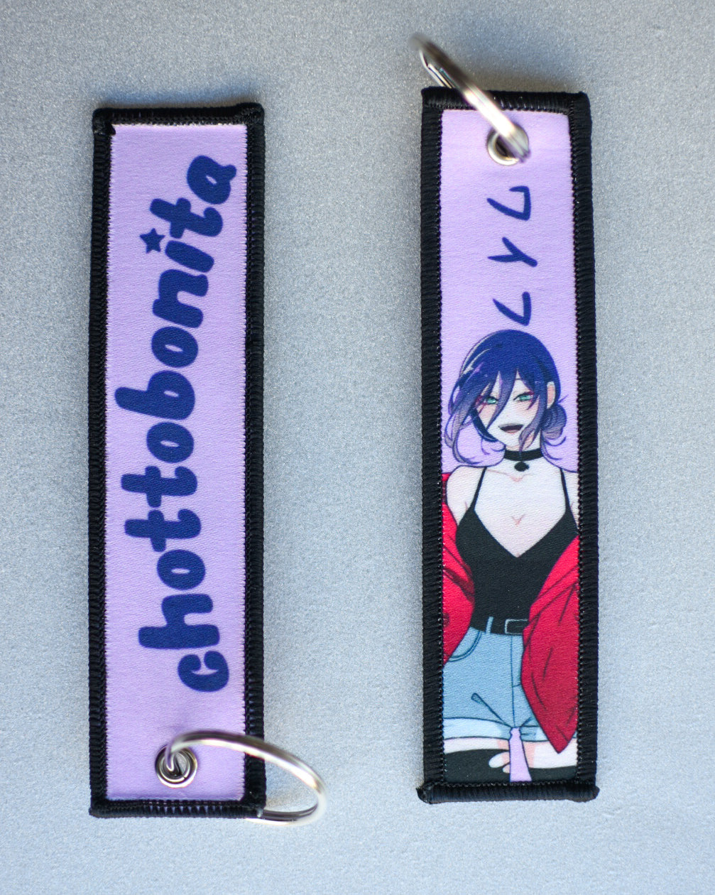 Purple hair waifu jet tag keychain